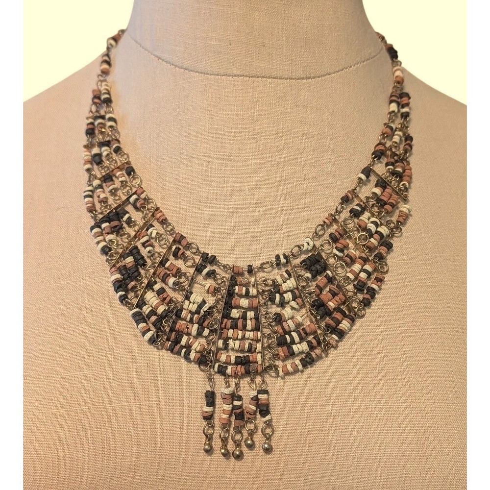 VTG Heishe Beaded Collar Necklace Brass‎ Boho Multi Strand Tribal 70's 90's